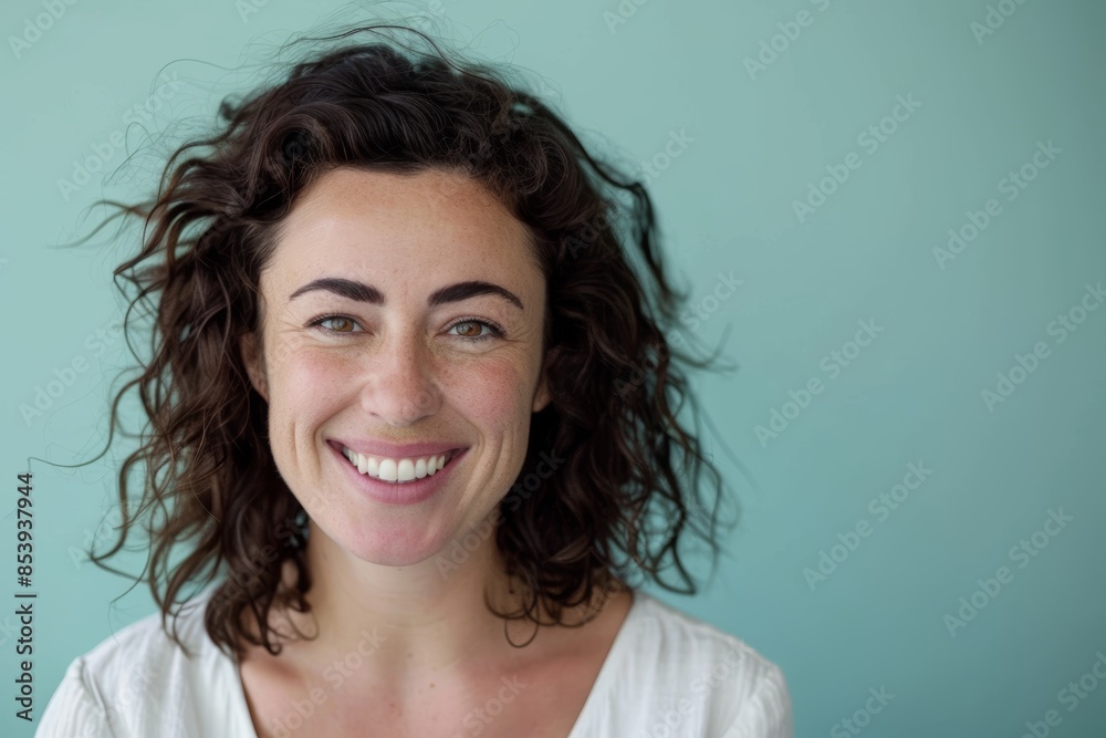 Portrait of a grinning woman in her 30s smiling at the camera isolated in pastel blue background Portrait of a grinning woman in her 30s smiling at the camera isolated in pastel blue background