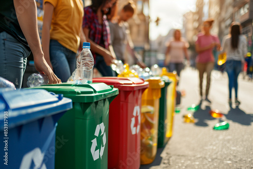 A group of people sorting plastic bottles into different colored recycling bins on a sunny street