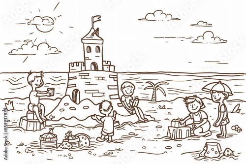 Wallpaper Mural Line art illustration of happy children engaging in a sandcastle building competition on a sunny beach with ocean backdrop Torontodigital.ca