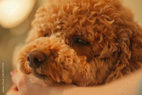 Close-up of a curly-haired dog, being hugged, surrounded by soft, warm lighting. Poodle. Labradoodle.  © Spencer