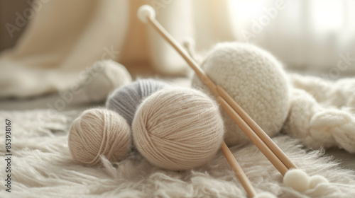 knitting yarn with knitting needles photo