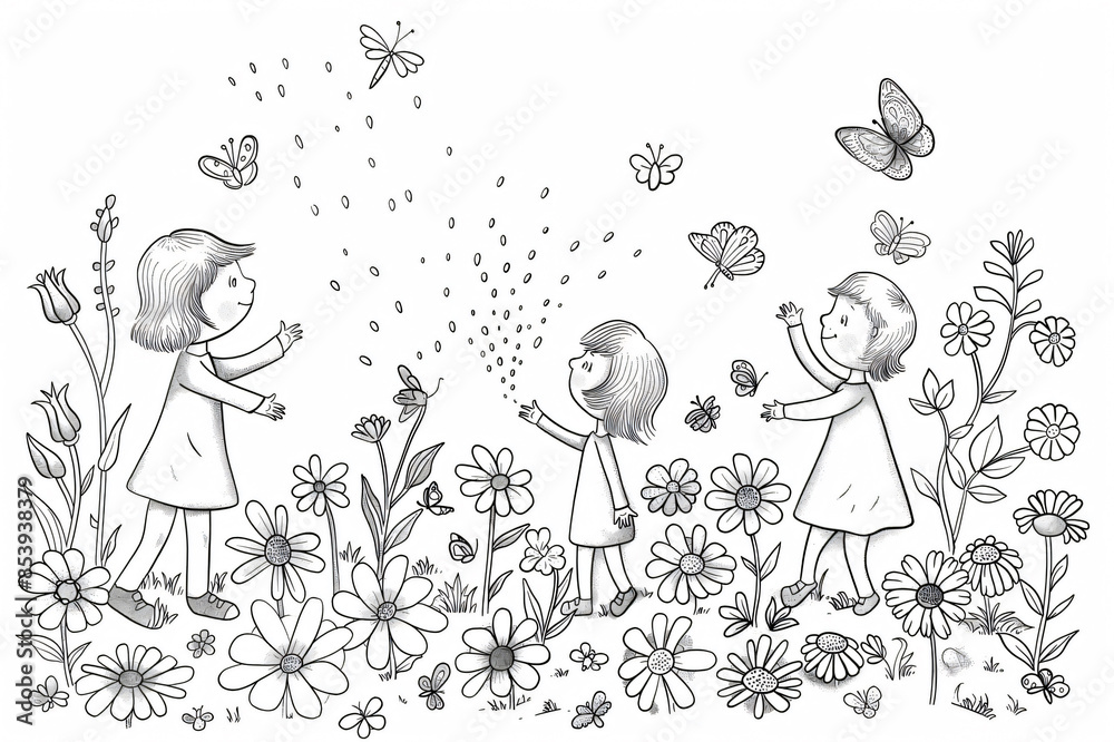 Whimsical line drawing of children playing joyously in water from a sprinkler among flowers and butterflies Whimsical line drawing of children playing joyously in water from a sprinkler among flowers and butterflies