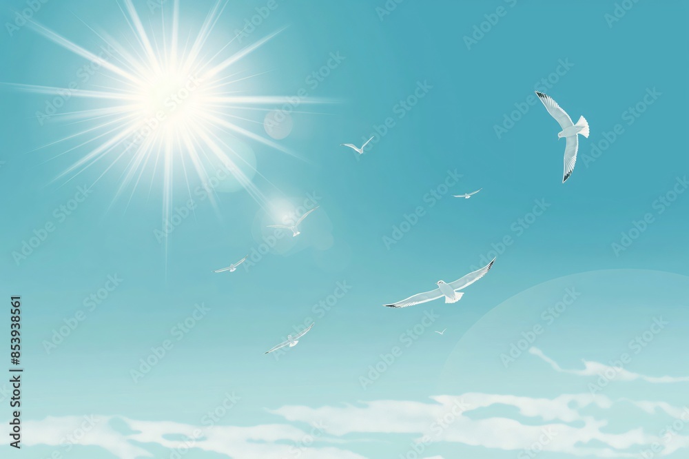 Illustration of a vibrant sun shining brightly in a clear sky with white birds gracefully soaring in tranquil flight Illustration of a vibrant sun shining brightly in a clear sky with white birds gracefully soaring in tranquil flight