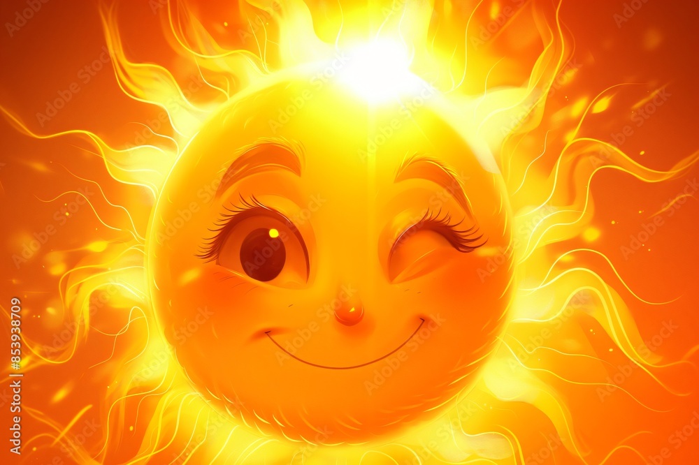 Vibrant illustration of a smiling sun with an expressive face surrounded by glowing, warm flames, depicting positivity and joy Vibrant illustration of a smiling sun with an expressive face surrounded by glowing, warm flames, depicting positivity and joy