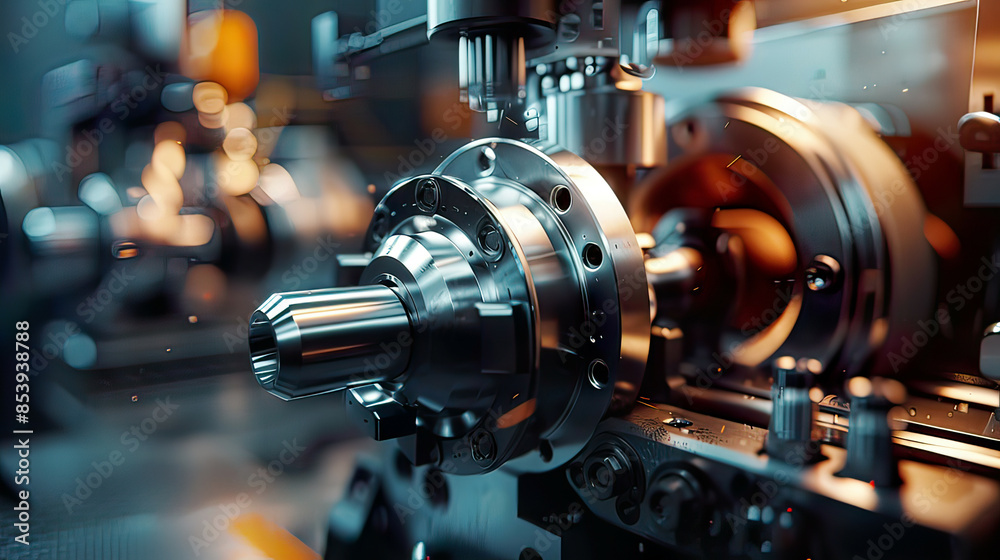 Photorealistic view: CNC milling machine at work detailed metalworking process authentic clear focus. Photorealistic view: CNC milling machine at work detailed metalworking process authentic clear focus.