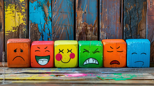 Fun concept of different emotions drawn on colorful wood cubes, wooden background with copyspace.