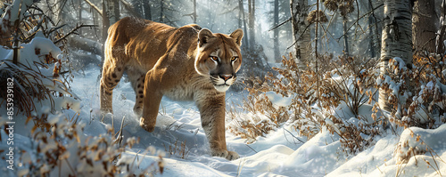 A majestic mountain lion prowling through a snowy forest, its golden fur blending with the winter landscape.