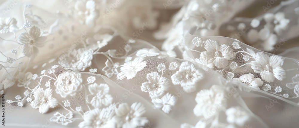 A Closeup of white floral lace fabric showcasing the intricate details and texture, perfect for bridal gowns and elegant attire A Closeup of white floral lace fabric showcasing the intricate details and texture, perfect for bridal gowns and elegant attire