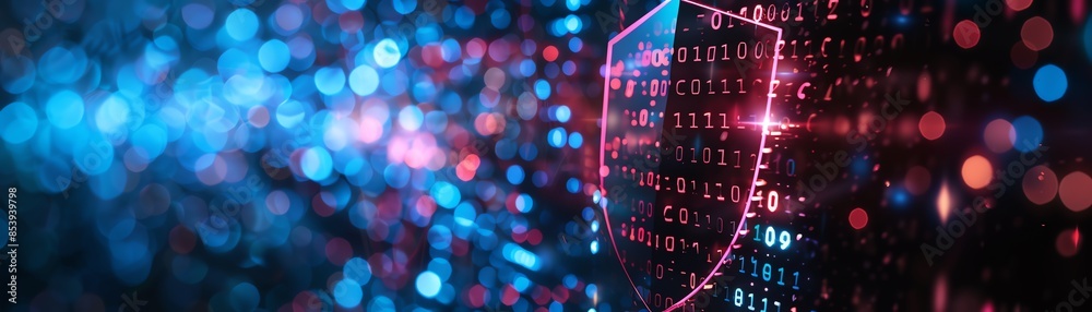 Fototapeta premium A Futuristic digital shield providing cybersecurity in a stream of binary data