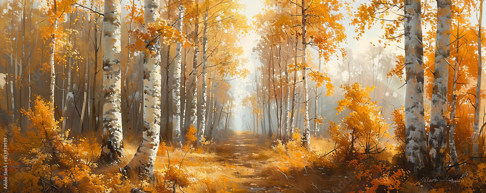 Fototapeta premium Birch forest in autumn, golden leaves, white trunks, fall colors, woodland tranquility.
