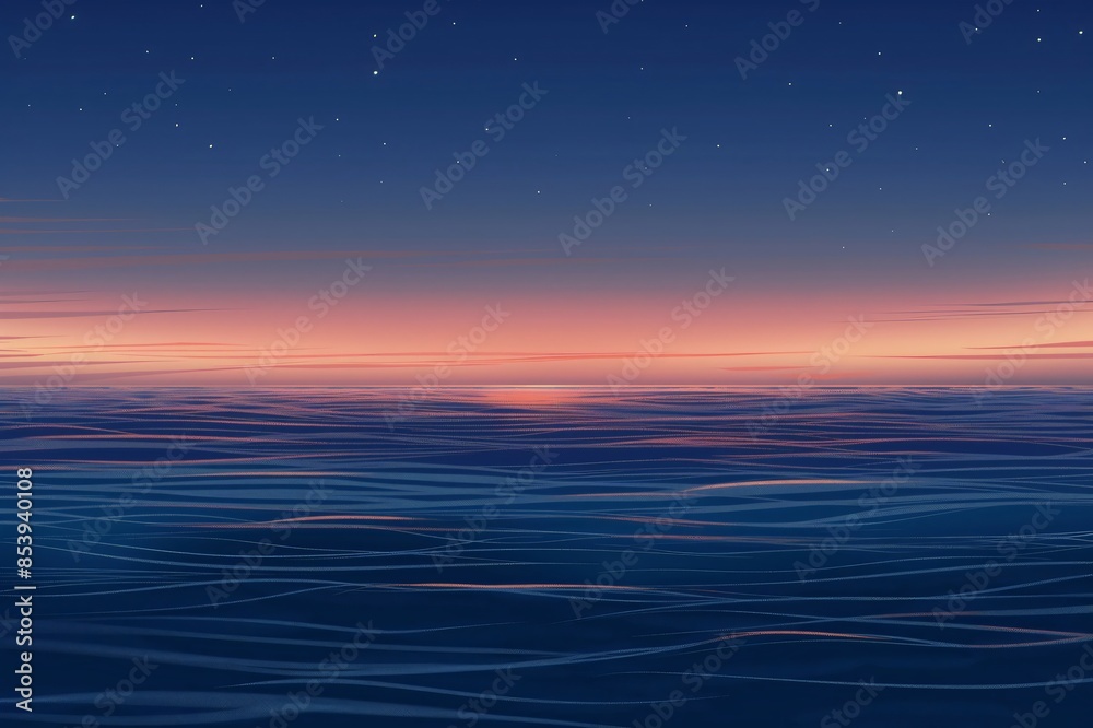 Serene digital illustration of tranquil ocean at dusk with gradient sky and calm waves, creating a peaceful seascape at sunset, perfect for relaxation and as a background wallpaper Serene digital illustration of tranquil ocean at dusk with gradient sky and calm waves, creating a peaceful seascape at sunset, perfect for relaxation and as a background wallpaper