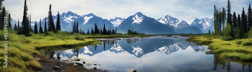 alaskan wilderness adventure with towering trees, serene waters, and majestic mountains under a clear blue sky