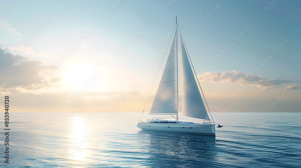 Fototapeta premium Sailing yacht on the sea, white colored sail with blue sky and sunlight