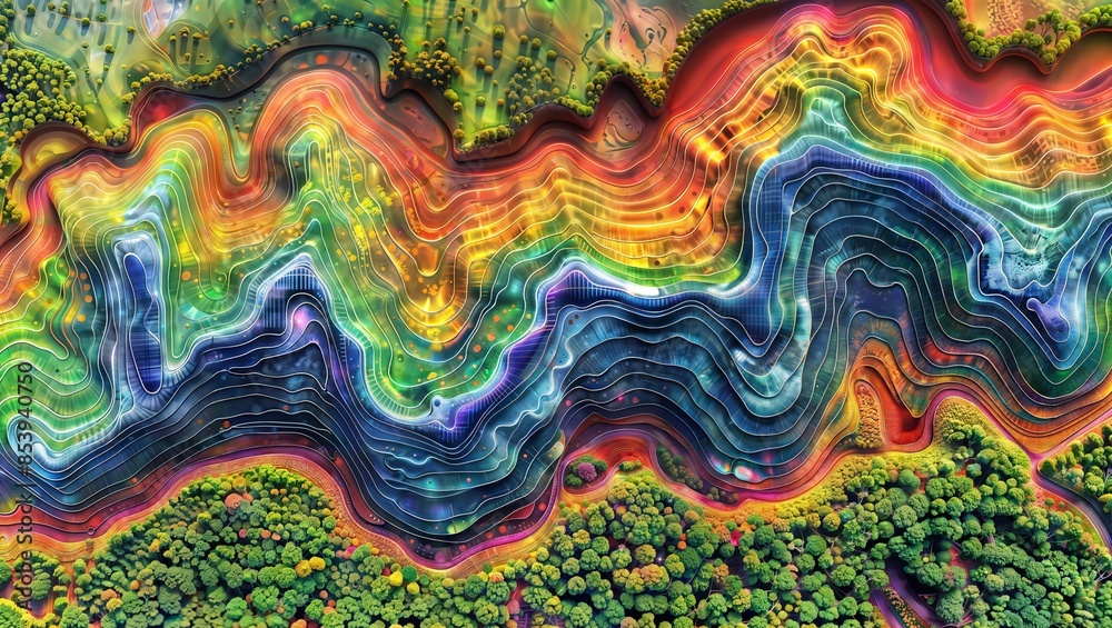 A vibrant, abstract landscape featuring undulating, ribbon-like forms in vivid rainbow colors, intertwined with organic textures and vegetation, evoking cosmic energy flows or microscopic life.