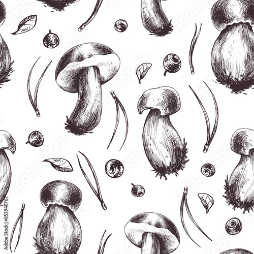 Forest edible mushrooms boletus, leaves, blueberries and pine needles. Graphic illustration, hand drawn with brown ink, line art monochrome. Seamless pattern, on the theme of forest, harvest, nature.