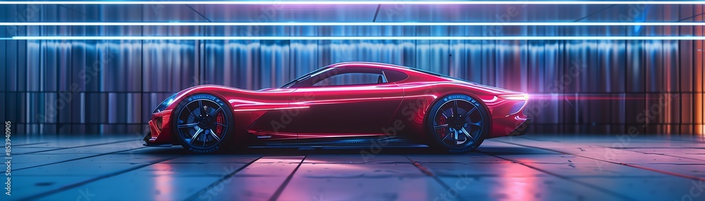 Red holographic car model in a futuristic design lab, blue neon lighting, hightech Red holographic car model in a futuristic design lab, blue neon lighting, hightech