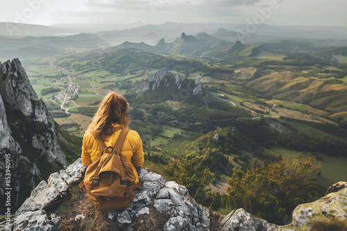 Wallpaper Mural Young woman enjoying breathtaking view of valley from mountain top during travel adventure Torontodigital.ca