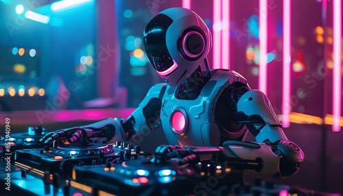 Robot DJ mixing music in nightclub, vibrant neon lights, futuristic party