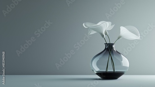 compact modernist flower vase with craggy stratified texture in charcoal grey and chrome futuristic silhouette minimalist pose clean white background in clean studio lighting product photography