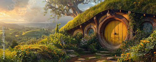 A hobbit living in a cozy hole in the side of a hill, smoking a pipe and enjoying a pint of ale.