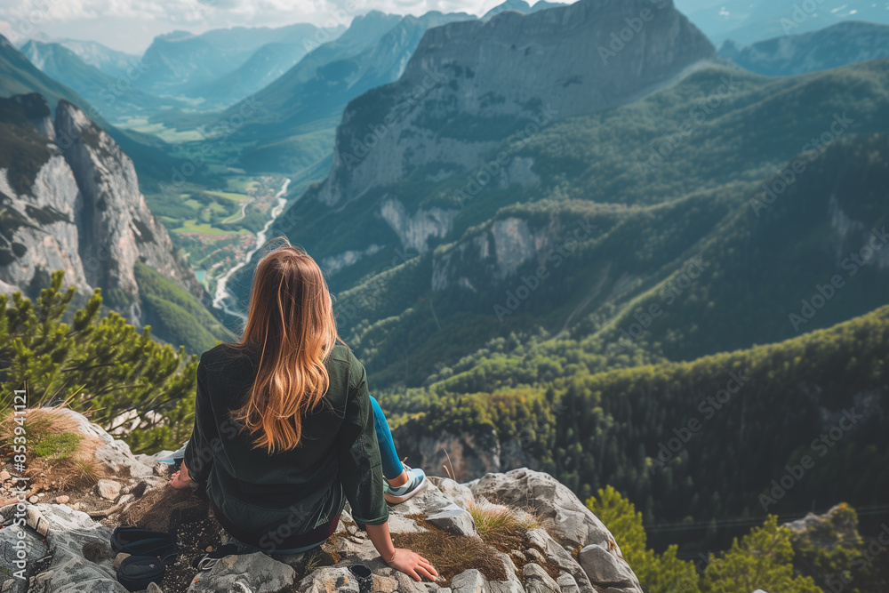 Naklejka premium Young woman enjoying breathtaking view of valley from mountain top during travel adventure