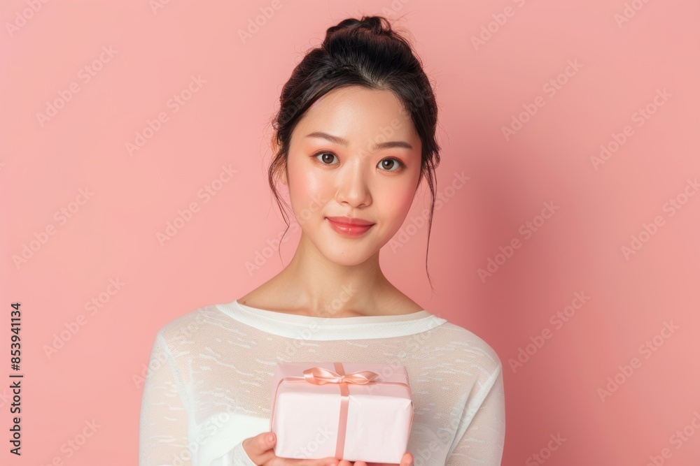 Portrait of a tender asian woman in her 30s holding a gift in front of pastel pink background Portrait of a tender asian woman in her 30s holding a gift in front of pastel pink background