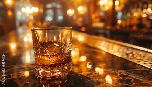 Whiskey glass on bar counter, warm ambient lighting, elegant and classy setting