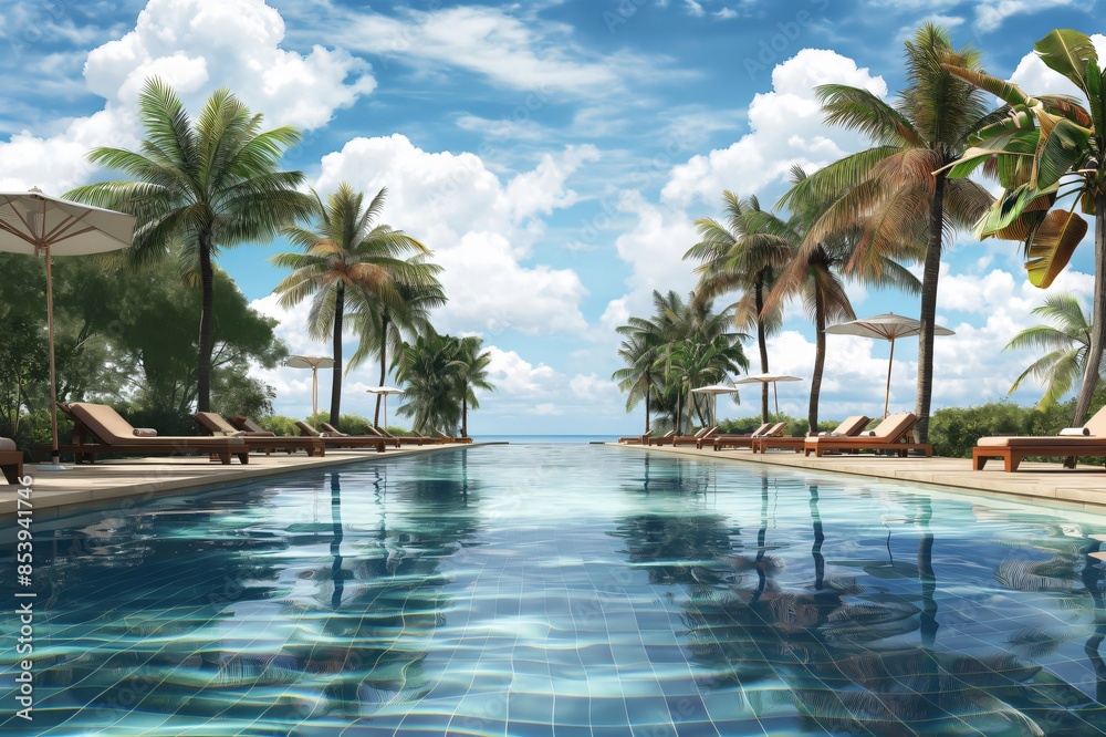 Luxurious infinity pool with tranquil waters at a tropical resort, flanked by palm trees and sun loungers under clear blue skies Luxurious infinity pool with tranquil waters at a tropical resort, flanked by palm trees and sun loungers under clear blue skies