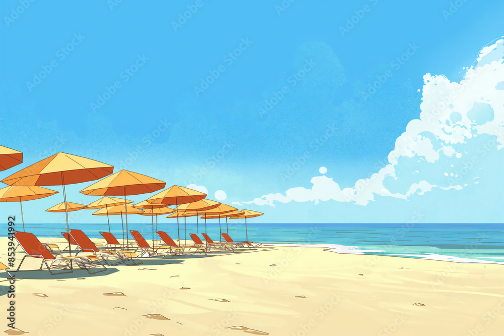 Fototapeta premium Digital illustration featuring a series of orange umbrellas and lounge chairs arrayed along a tranquil, sandy beach
