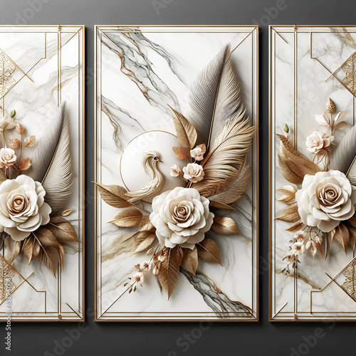 Golden pink rose and golden feather wall decoration luxurious marble background - Generative AI