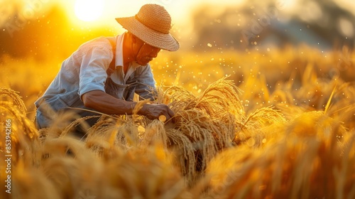 A farmer using a sickle to cut golden rice stalks in a sunlit field, showcasing traditional harvesting methods, isolated on a white background.  photo