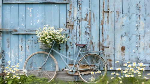 Vintage Bicycle with Floral Basket Against Weathered Garden Shed Backdrop photo