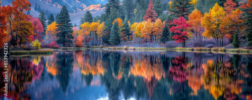 Autumn reflection in a mountain lake, fall foliage, mirrored colors, serene beauty. © Coosh448