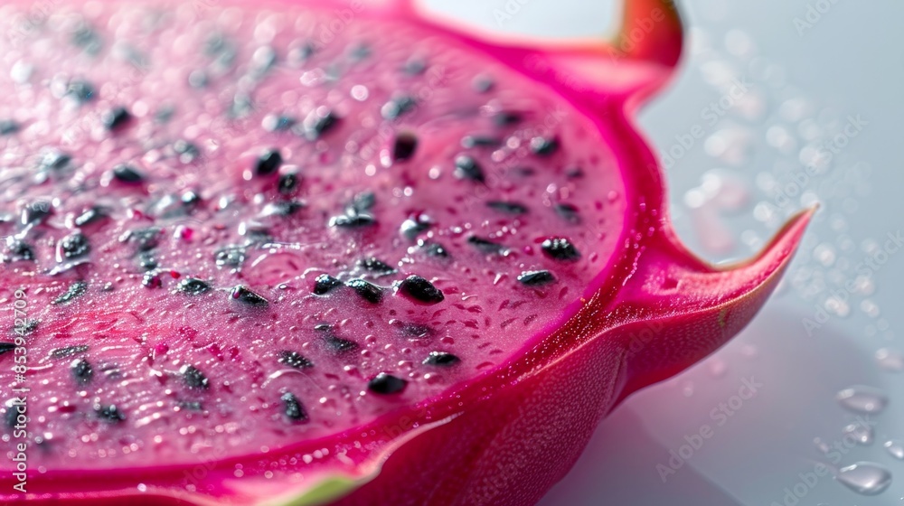 Close-up of a sliced dragon fruit, showing vibrant magenta flesh with black seeds and water droplets Close-up of a sliced dragon fruit, showing vibrant magenta flesh with black seeds and water droplets