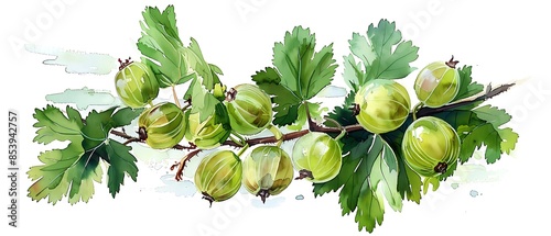 waterclour Branch of fresh gooseberry photo