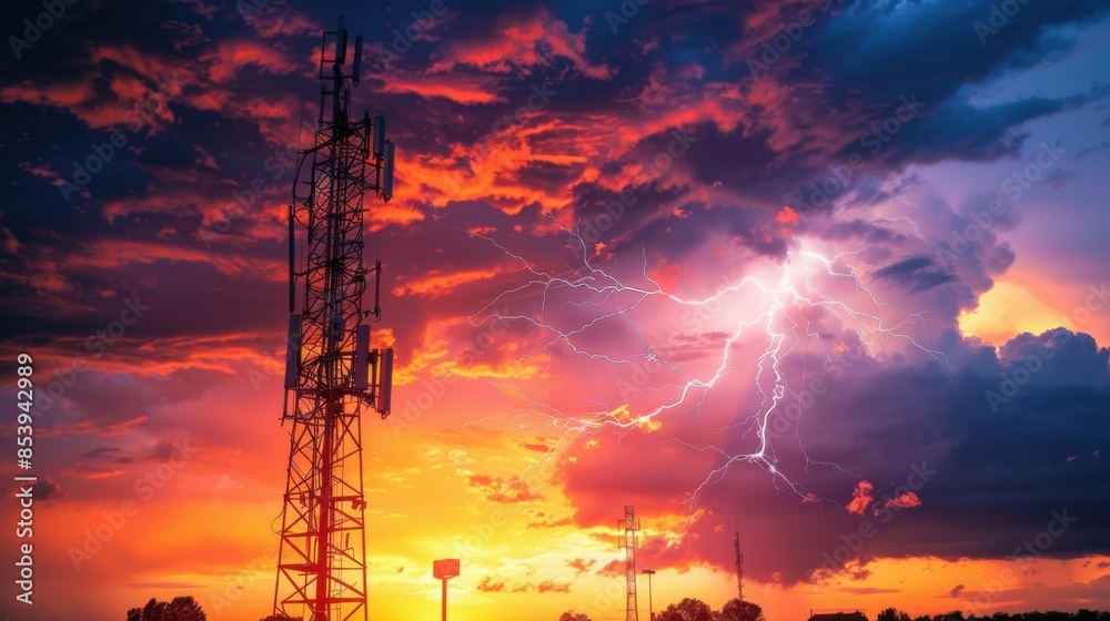 lightning strikes a mobile tower against the backdrop of a big city. lightning strikes a mobile tower against the backdrop of a big city.