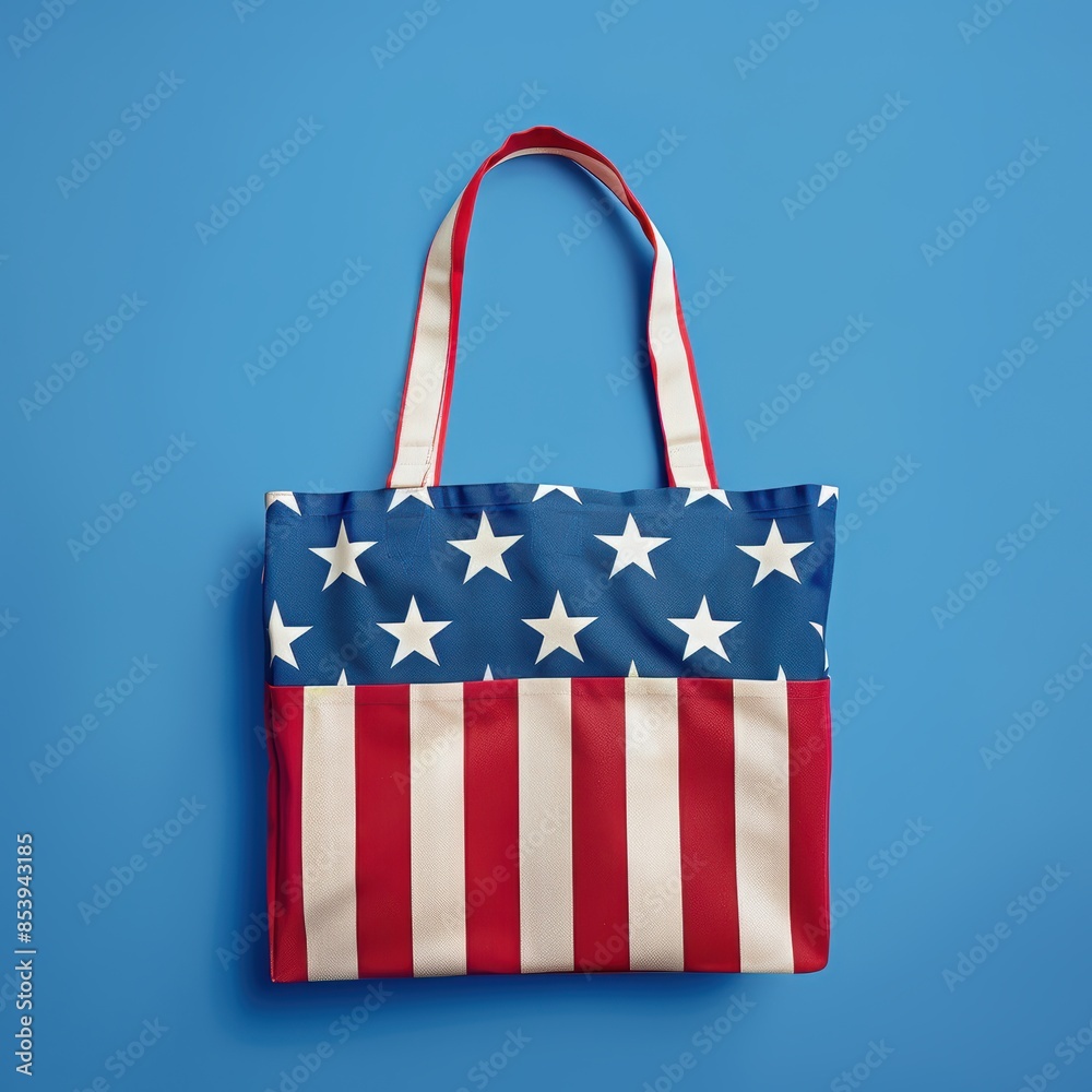 Fototapeta premium American Flag Tote Bag on Blue Background