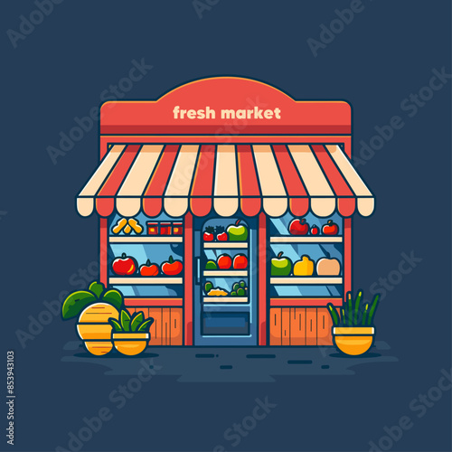 Fresh Produce Market Kiosk with Fruits and Vegetables, vector illustration