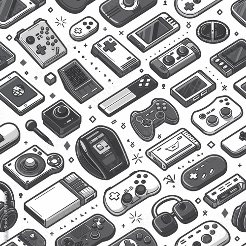 Minimalist Vector Pattern of Video Game Controllers and Gameboys