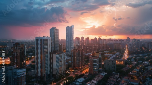 photo of lightning against the backdrop of a large modern city with tall buildings.