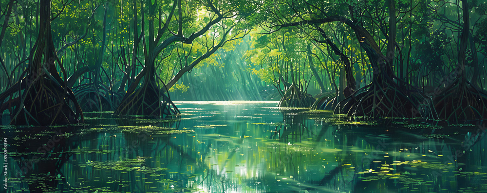 Obraz premium A tranquil mangrove forest teeming with life, with tangled roots and vibrant green foliage reflected in calm waters.