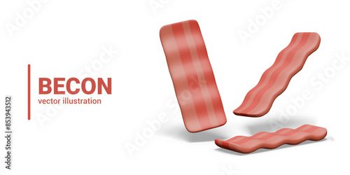 Striped pieces of bacon in different positions. Appetizing meat in realistic style