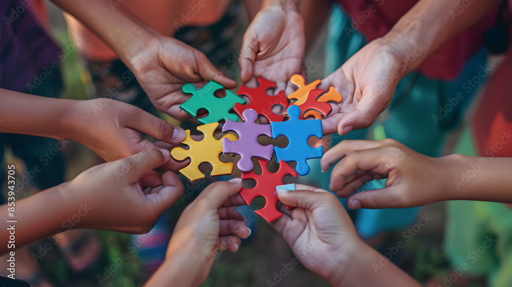 Mental health awareness with diverse hands holding puzzle pieces together.
Mental health awareness with diverse hands holding puzzle pieces together.