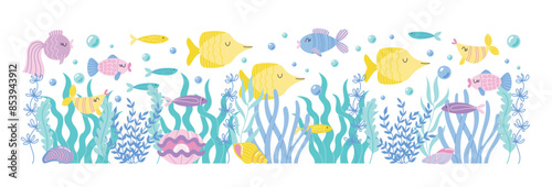 Childrens cute animals. Funny various fishes swimming in algae. Undersea landscape. Sea and ocean life vector illustration