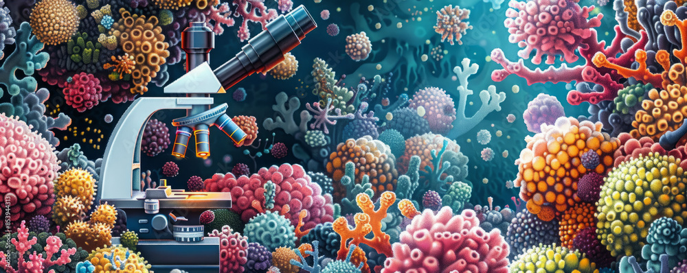 Fototapeta premium A pixel art rendition of a microscope revealing the hidden world of cells and bacteria, their intricate structures magnified for study.