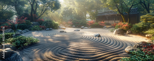 A serene Japanese Zen garden, its carefully raked sand and meticulously placed stones creating a sense of tranquility and harmony, embodying Japanese philosophy and aesthetics. photo