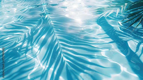 3D rendering of palm leaves shadow on the water surface in a swimming pool with a light blue background © masyastadnikova