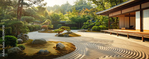 A serene Japanese Zen garden, its carefully raked sand and meticulously placed stones creating a sense of tranquility and harmony. photo