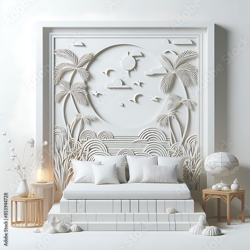 A bed in bedroom style interior set design with pillows and a table with a wall with a picture of a sun and clouds informative. photo