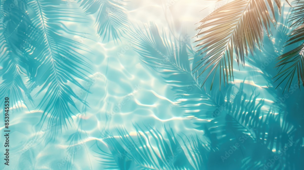 3D rendering of palm leaves shadow on the water surface in a swimming pool with a light blue background 3D rendering of palm leaves shadow on the water surface in a swimming pool with a light blue background